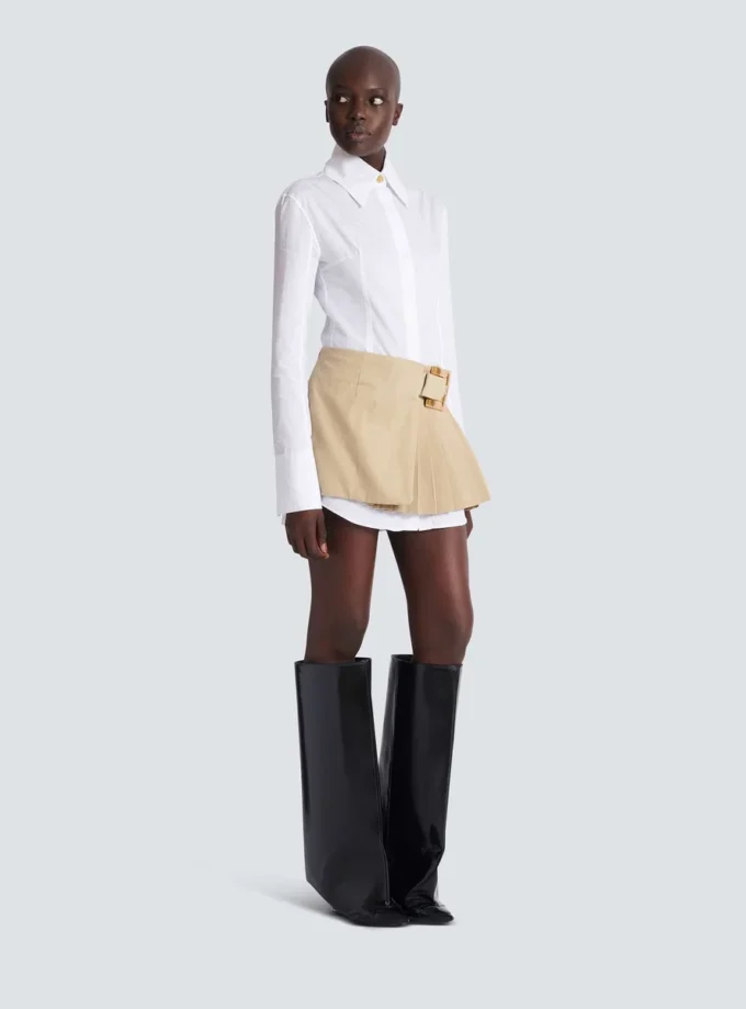 Short gabardine skirt with belt detail