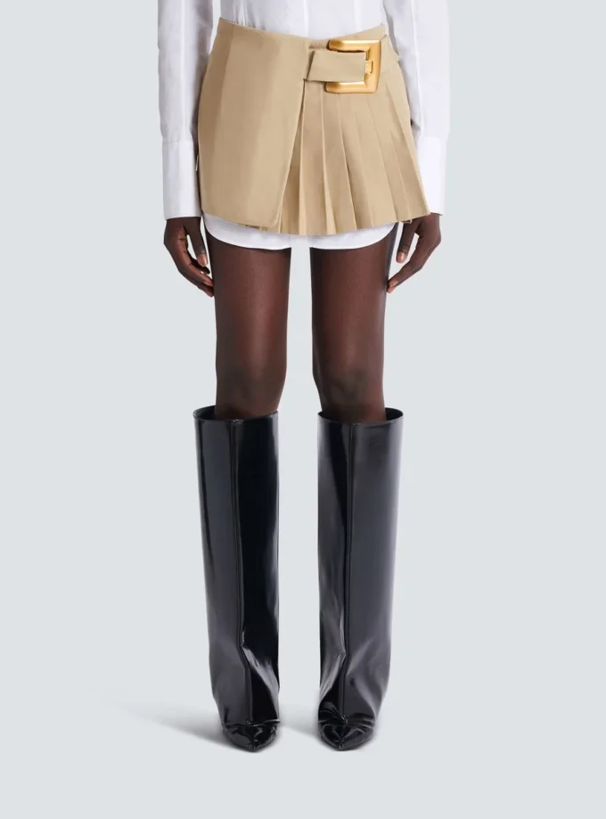 Short gabardine skirt with belt detail