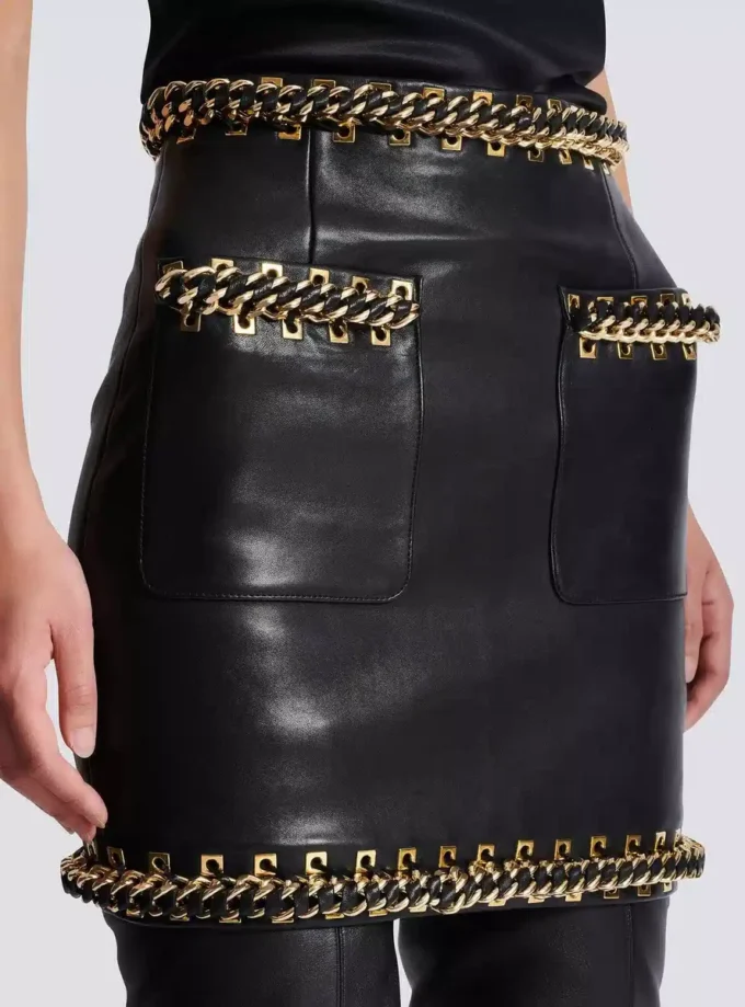 Short lambskin skirt with chains Short lambskin skirt with chains