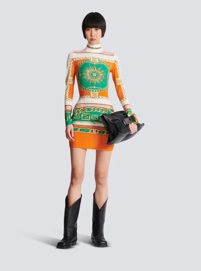 Short printed bodycon dress with Balmain Foulard pattern Short printed bodycon dress with Balmain Foulard pattern