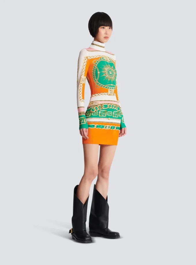 Short printed bodycon dress with Balmain Foulard pattern Short printed bodycon dress with Balmain Foulard pattern