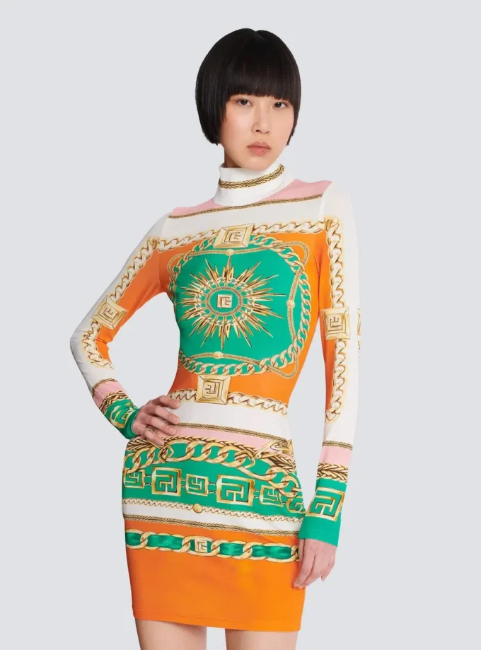 Short printed bodycon dress with Balmain Foulard pattern Short printed bodycon dress with Balmain Foulard pattern