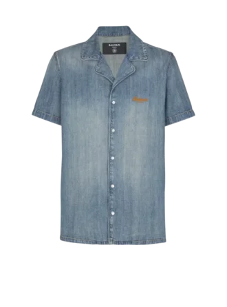 Short-sleeved pyjama shirt in faded denim Short-sleeved pyjama shirt in faded denim