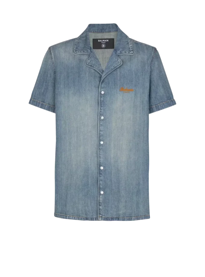 Short-sleeved pyjama shirt in faded denim