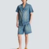 Short-sleeved pyjama shirt in faded denim