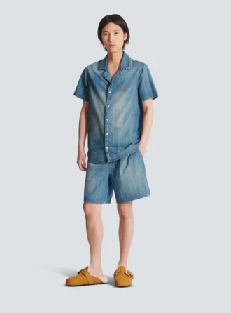 Short-sleeved pyjama shirt in faded denim Short-sleeved pyjama shirt in faded denim