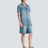 Short-sleeved pyjama shirt in faded denim
