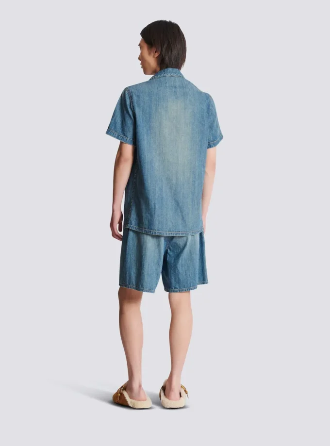 Short-sleeved pyjama shirt in faded denim