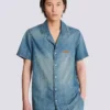 Short-sleeved pyjama shirt in faded denim