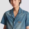 Short-sleeved pyjama shirt in faded denim