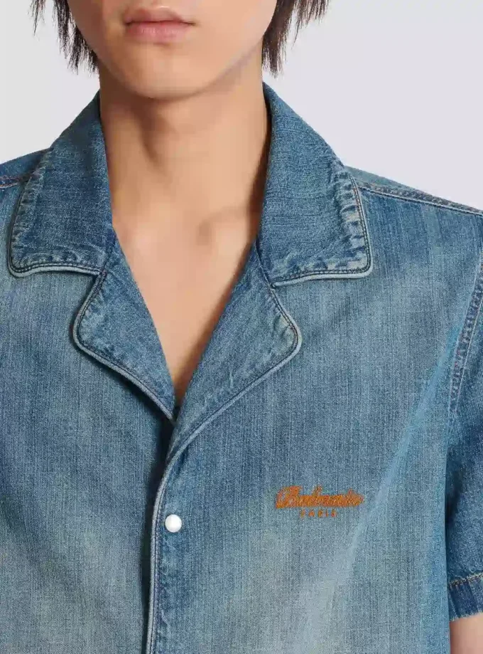 Short-sleeved pyjama shirt in faded denim