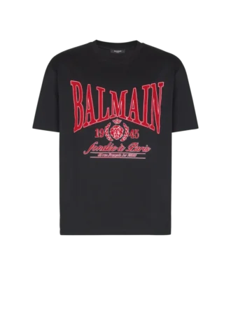 Short-sleeved T-shirt with flocked Balmain College print