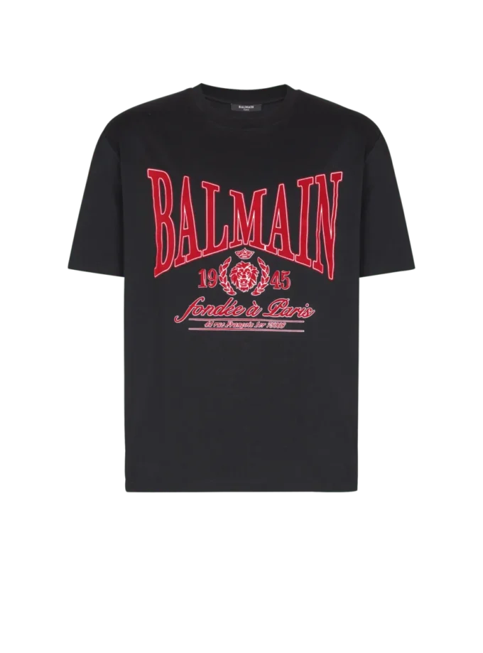 Short-sleeved T-shirt with flocked Balmain College print