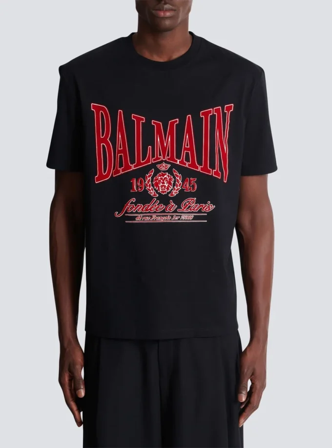 Short-sleeved T-shirt with flocked Balmain College print