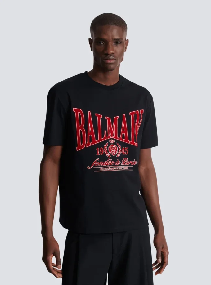 Short-sleeved T-shirt with flocked Balmain College print