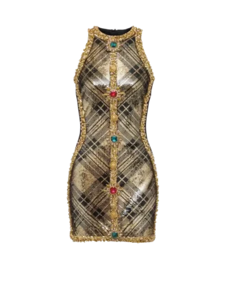 Short sleeveless dress with plaid embroidery
