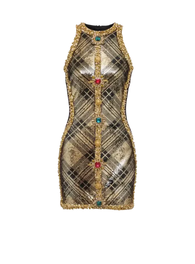 Short sleeveless dress with plaid embroidery