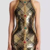 Short sleeveless dress with plaid embroidery