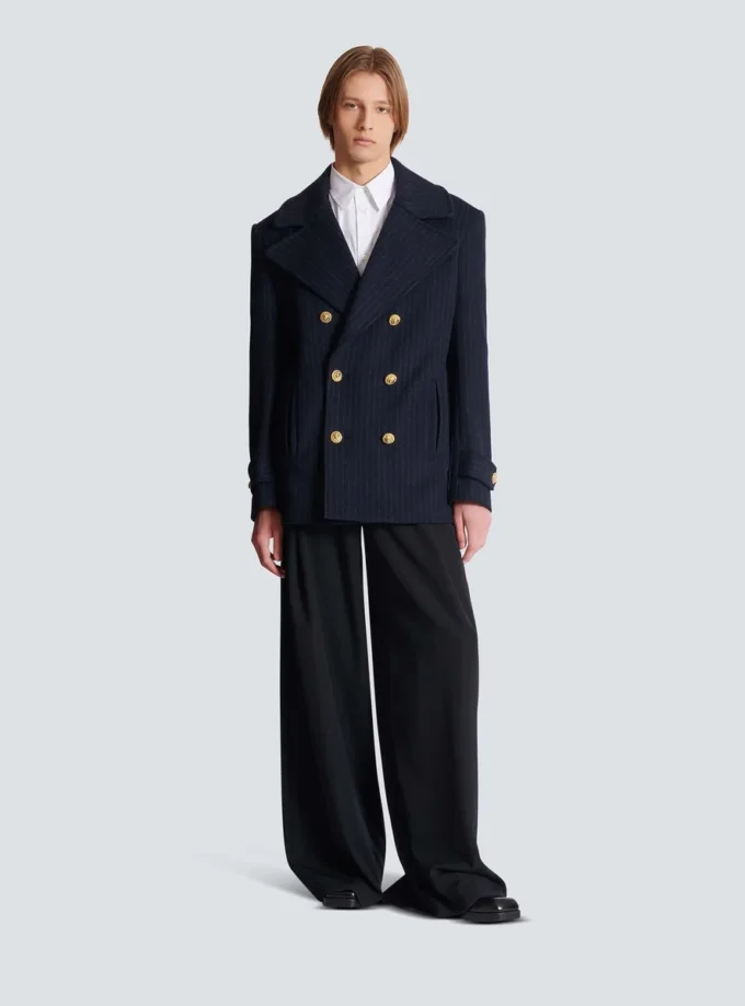 Short striped wool pea coat Short striped wool pea coat