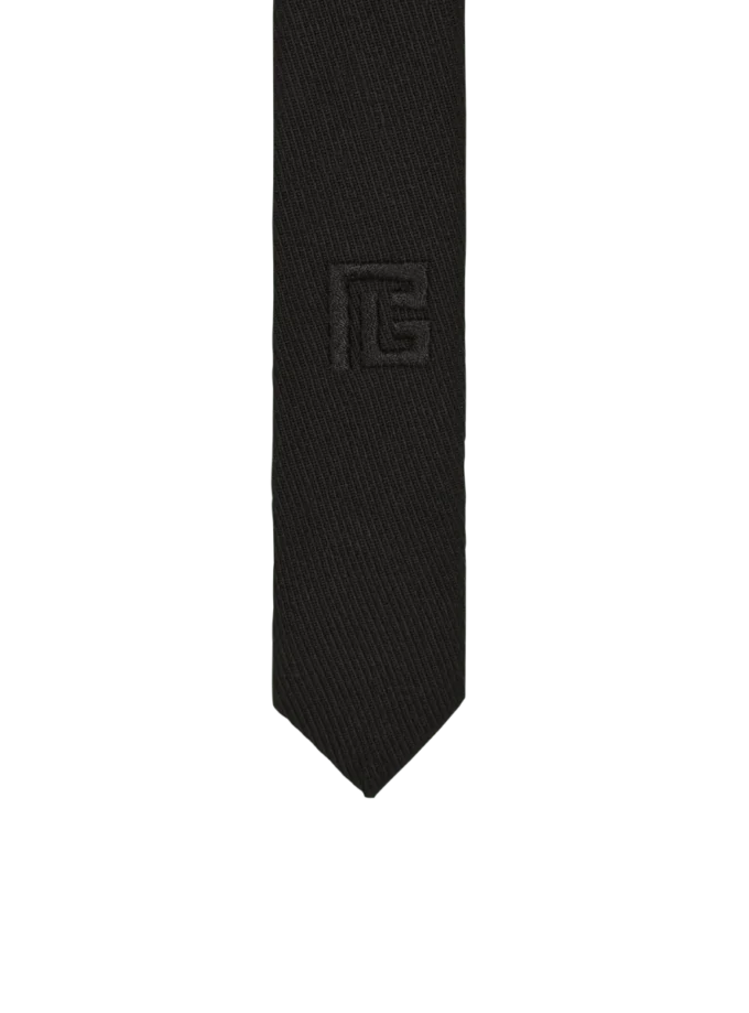 Slim wool tie with PB embroidery