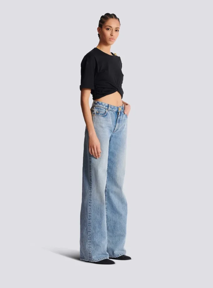 Straight-leg faded denim jeans