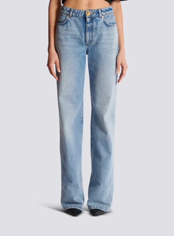 Straight-leg faded denim jeans