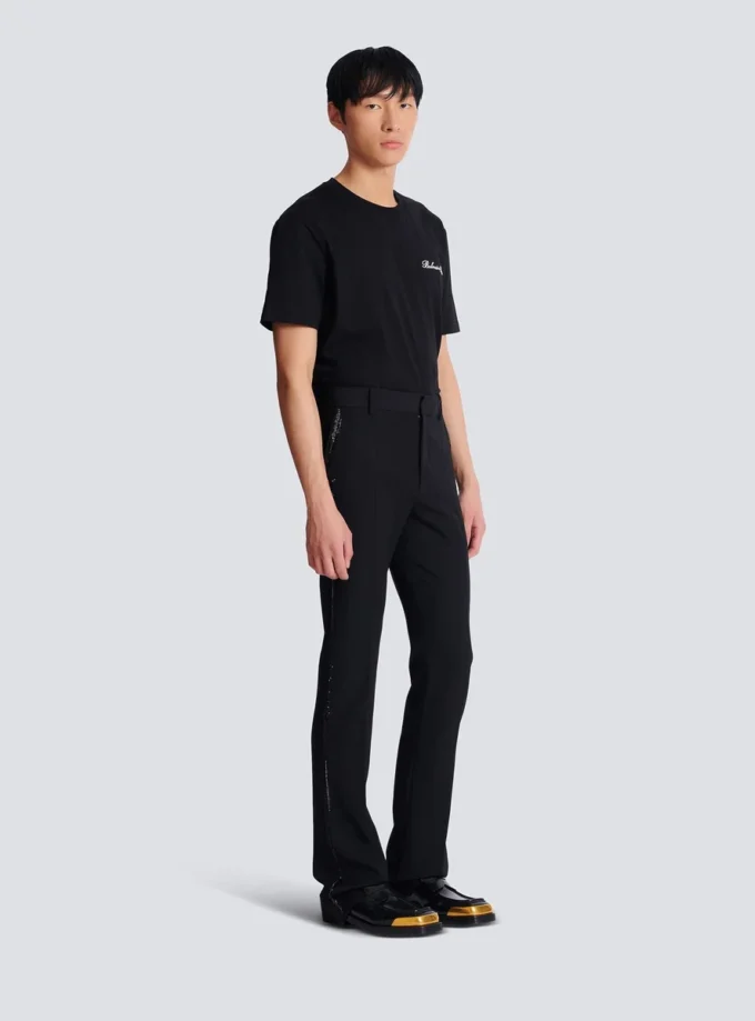 Straight-leg wool trousers with crystal embroidery