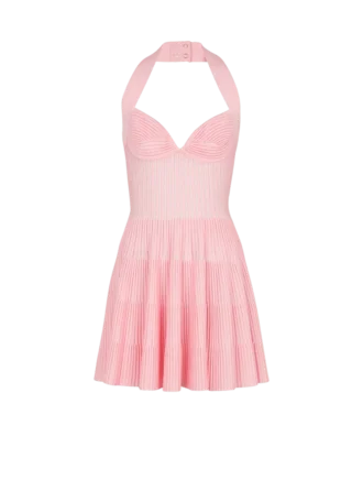 Textured knit halterneck A-line dress