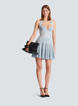 Textured knit halterneck A-line dress