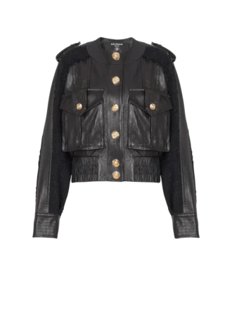Tweed and leather bomber jacket