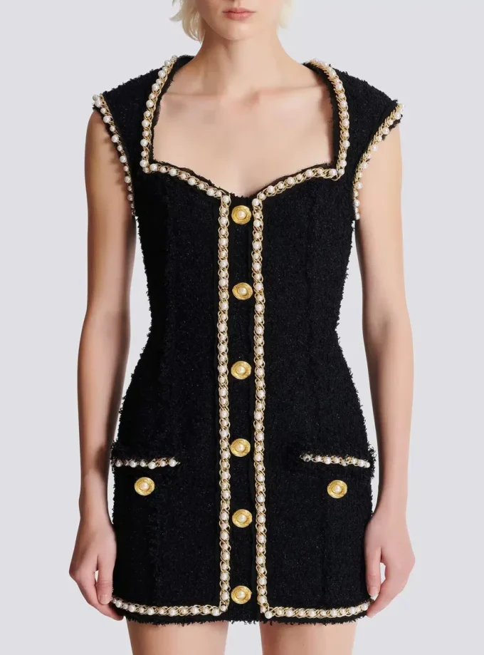 Tweed dress with pearl trim