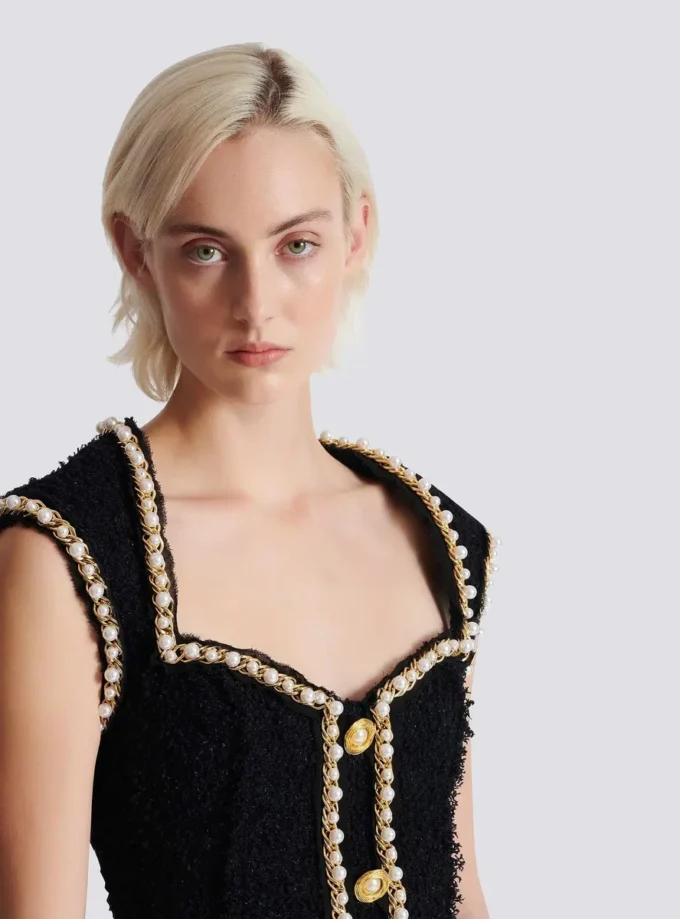 Tweed dress with pearl trim