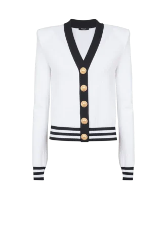 Two-tone monogrammed knit cardigan