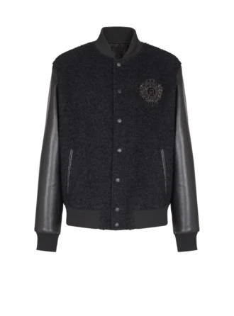 Varsity tweed and faux leather jacket