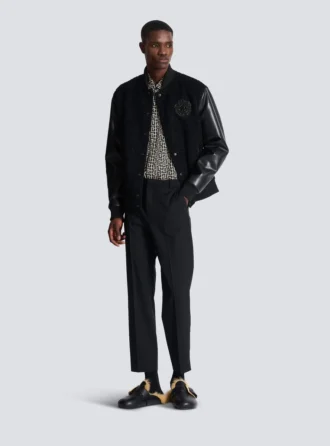 Varsity tweed and faux leather jacket