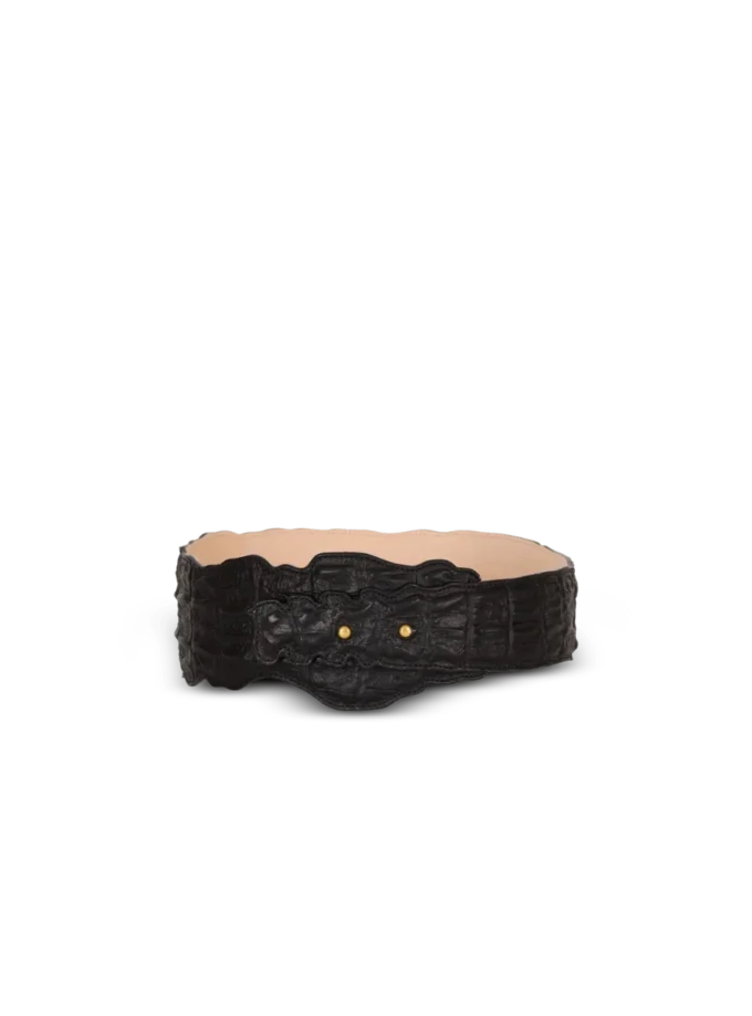 Wide crocodile-print leather belt