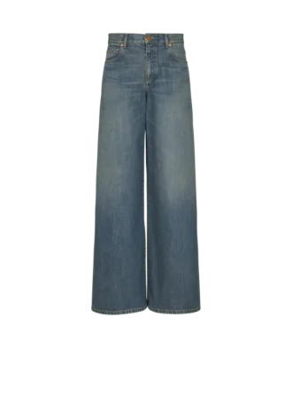 Wide-leg faded denim jeans