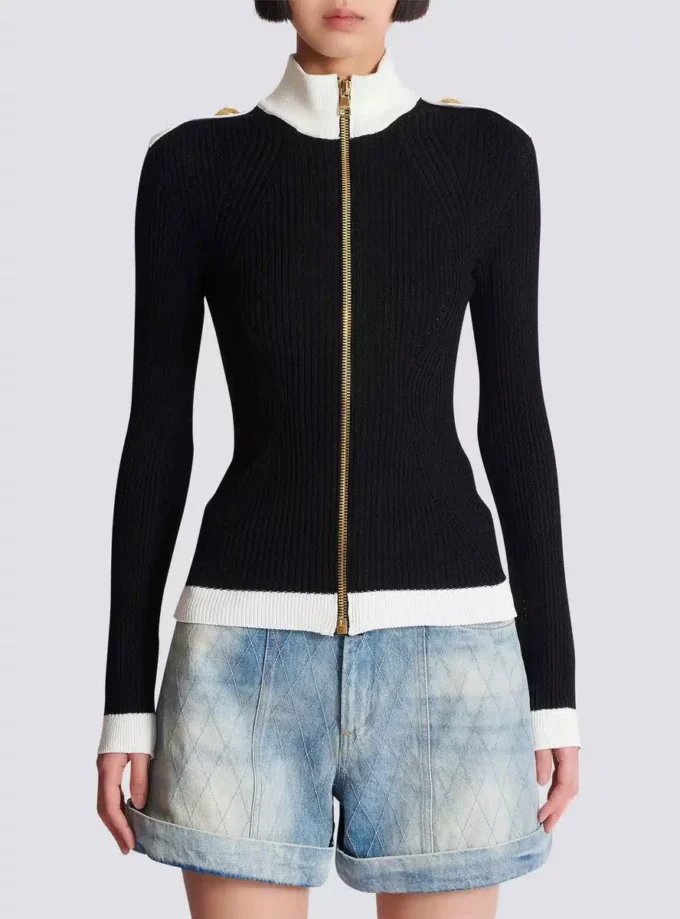 Zipped high-neck knit cardigan