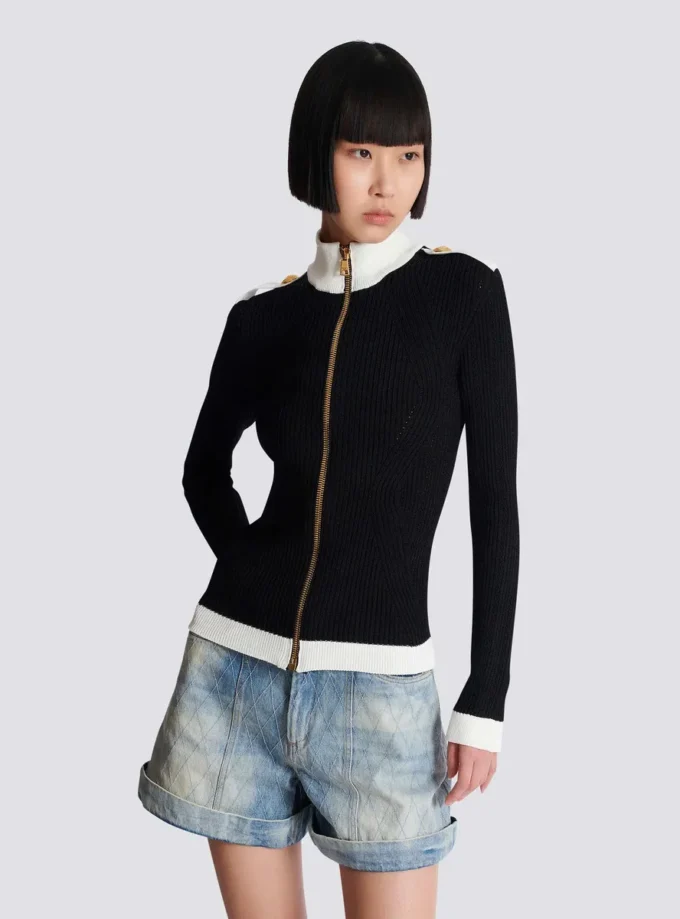 Zipped high-neck knit cardigan